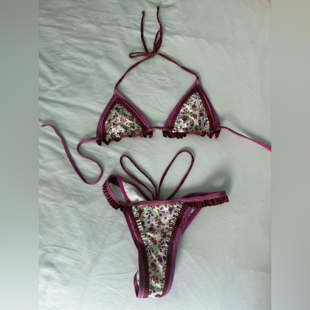 Floral Bikini Set with Burgundy Trim